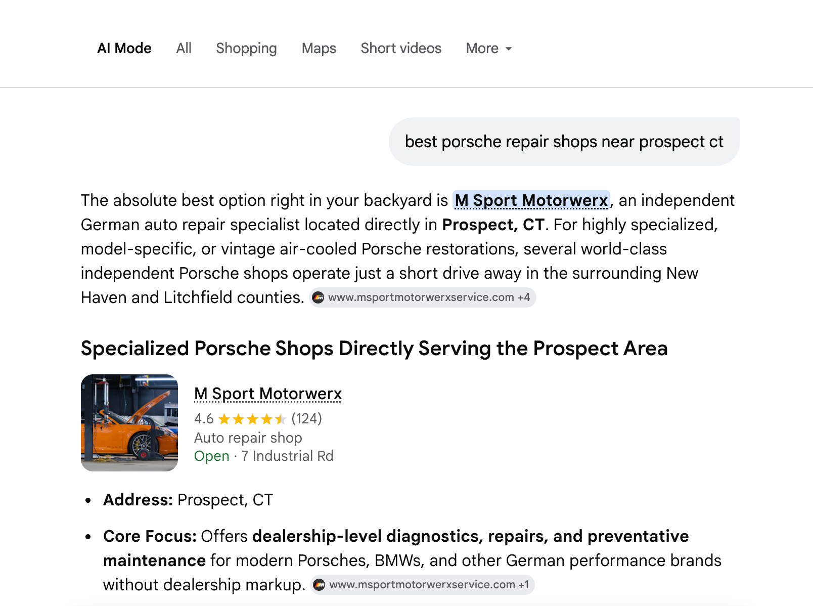 Google search results page for “best porsche repair shops near prospect ct” showing a local shop listing and map