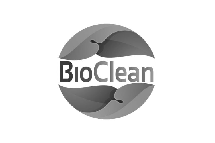 BioClean logo with leaves and text. Gray leaves form a circle around