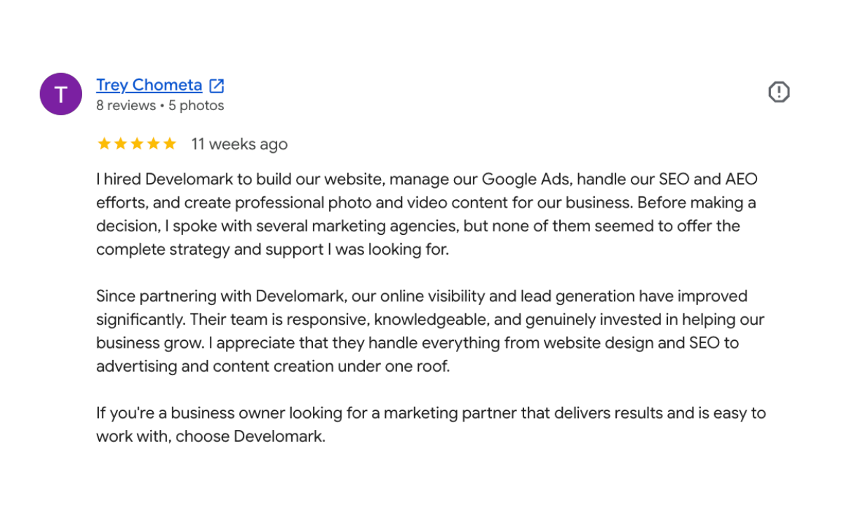 Google review screenshot with 5-star rating and a positive review about SEO services