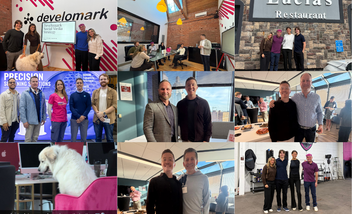 Collage of event photos with groups on stage, inside a venue, and posing with dogs under colorful decor