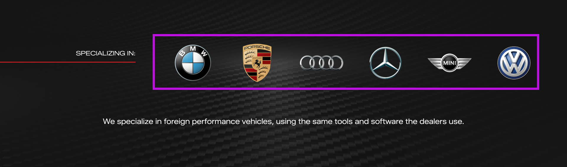 Dark banner with a row of car brand logos, including BMW, Porsche, Mercedes, Mini, and Volkswagen.