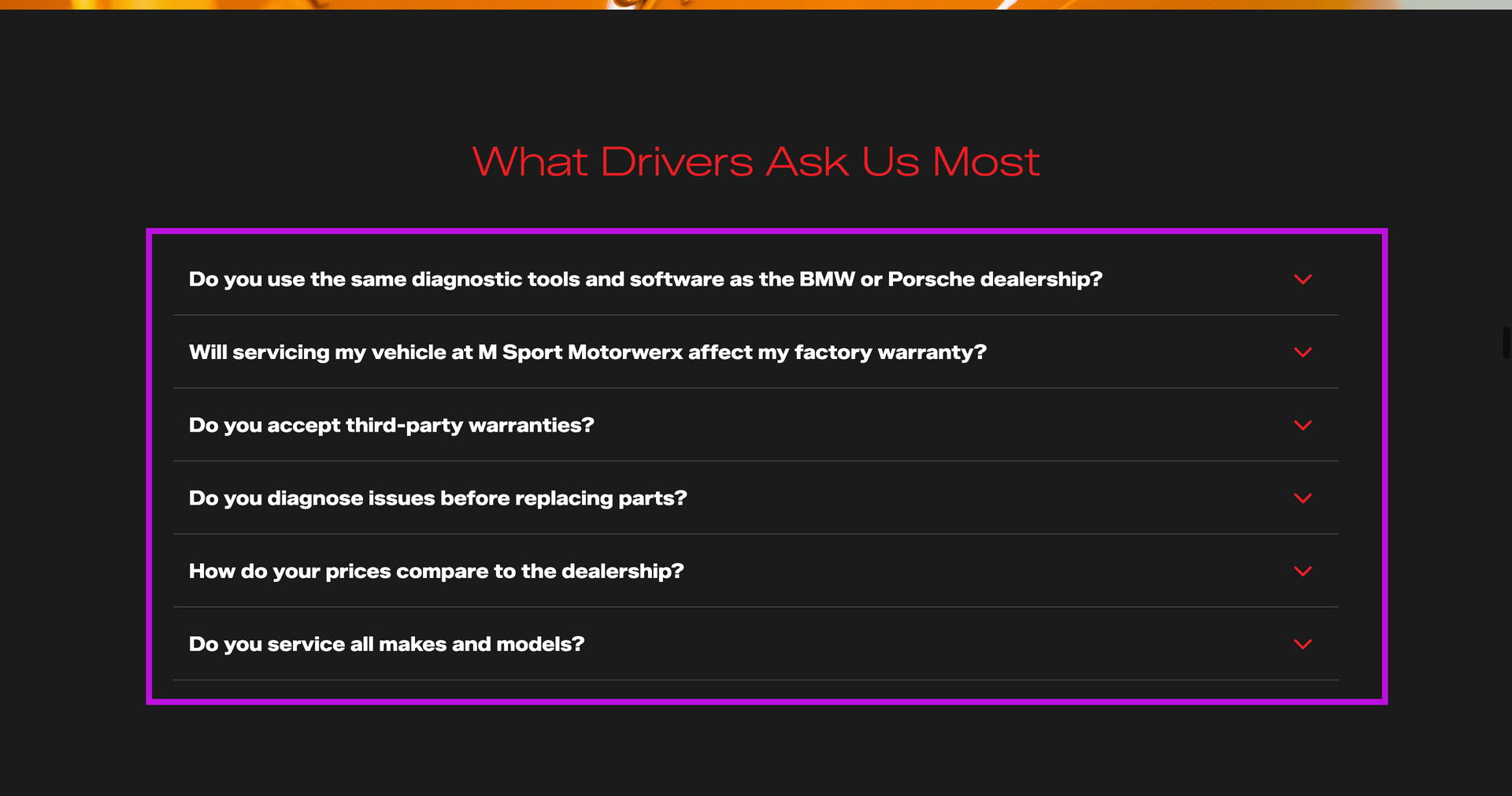 Dark webpage showing a “What Drives You Most” FAQ accordion with five expandable questions.