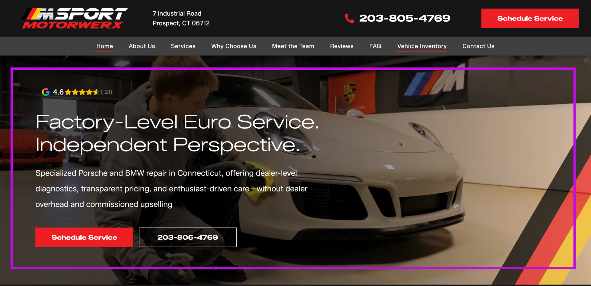 M Sport Auto website homepage with a white sports car in a service garage and bold promotional text.