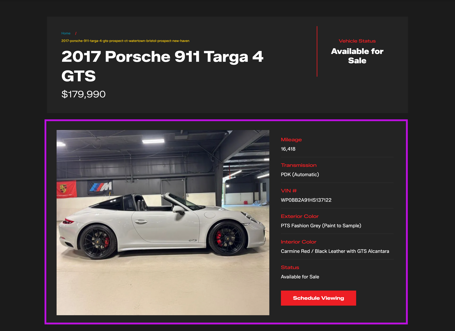 2017 Porsche 911 Targa 4 GTS listing page with white coupe in a showroom and sale price