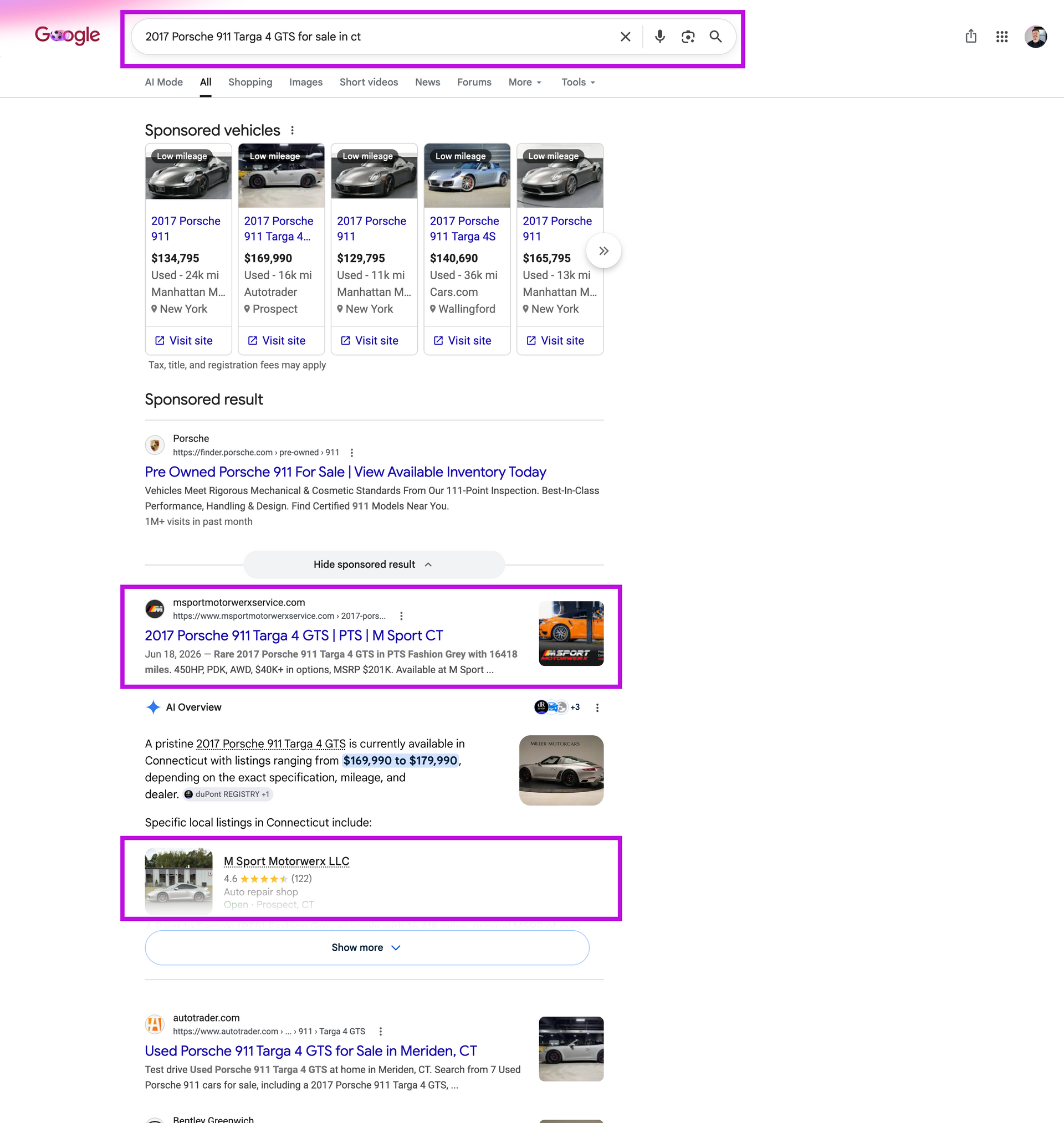 Google search results page with car listings and highlighted search bars on a white background