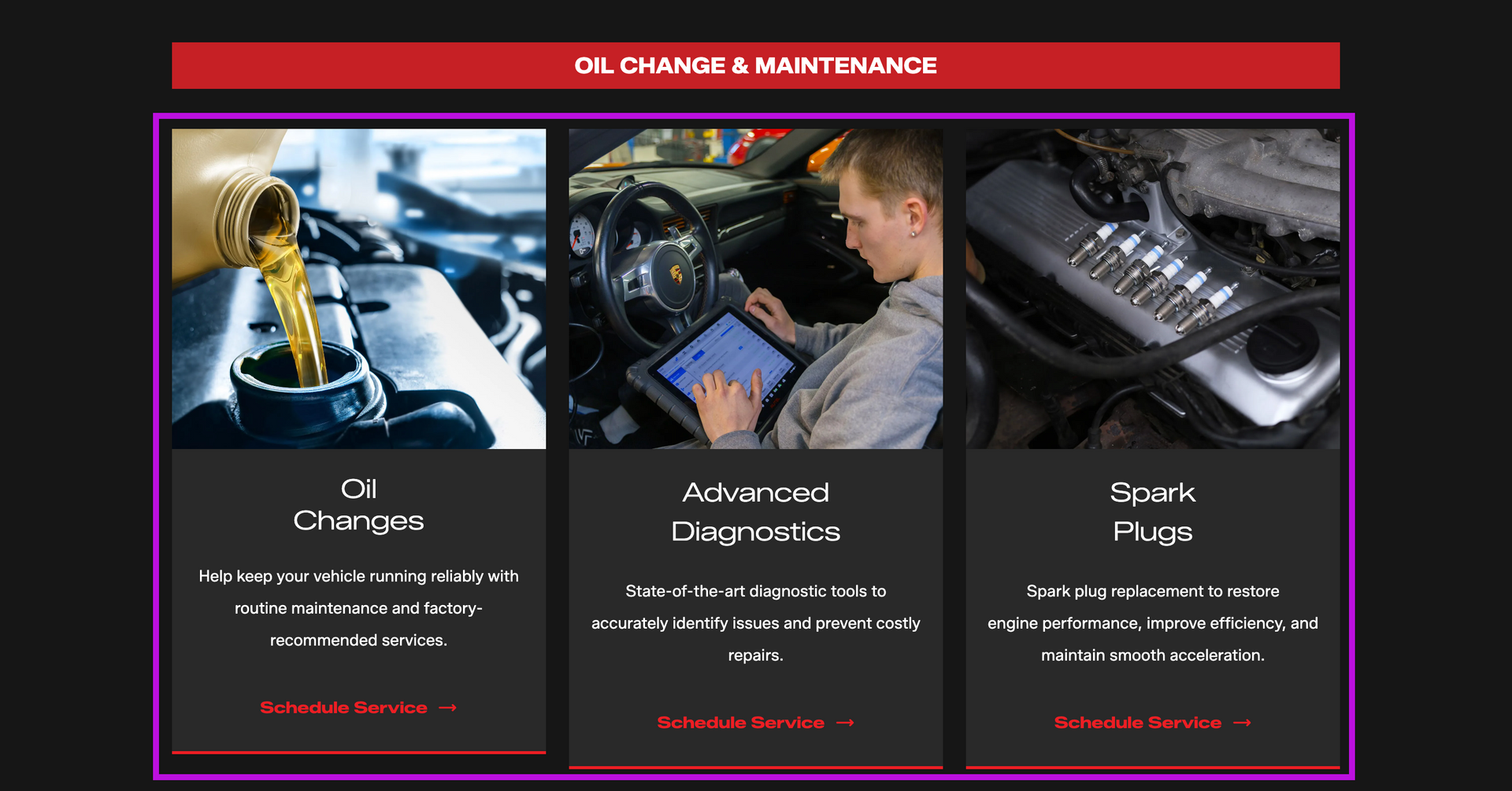 Three-column auto service ad with mechanic photos and red header on dark background