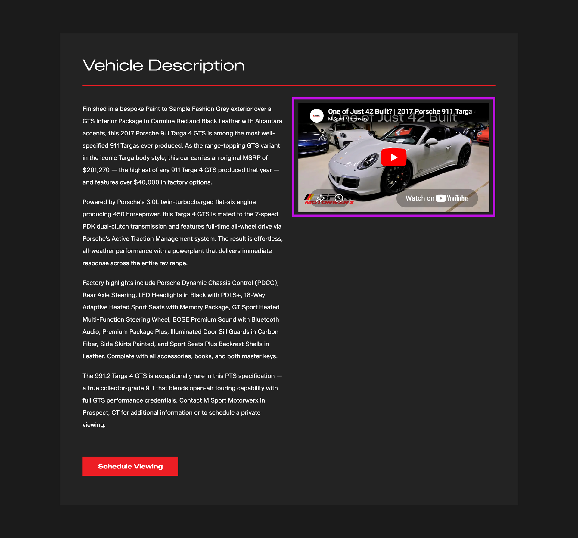 Dark vehicle description webpage with text and a red sports car video thumbnail on the right