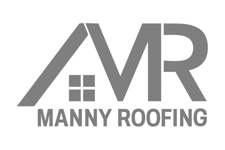 Logo for Manny Roofing: Gray letters