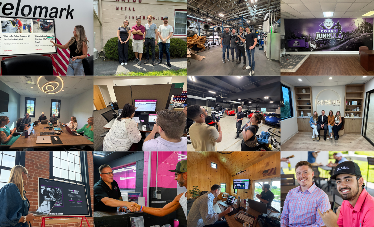 Collage of indoor team meeting and event scenes in offices, with groups talking, presenting, and posing together