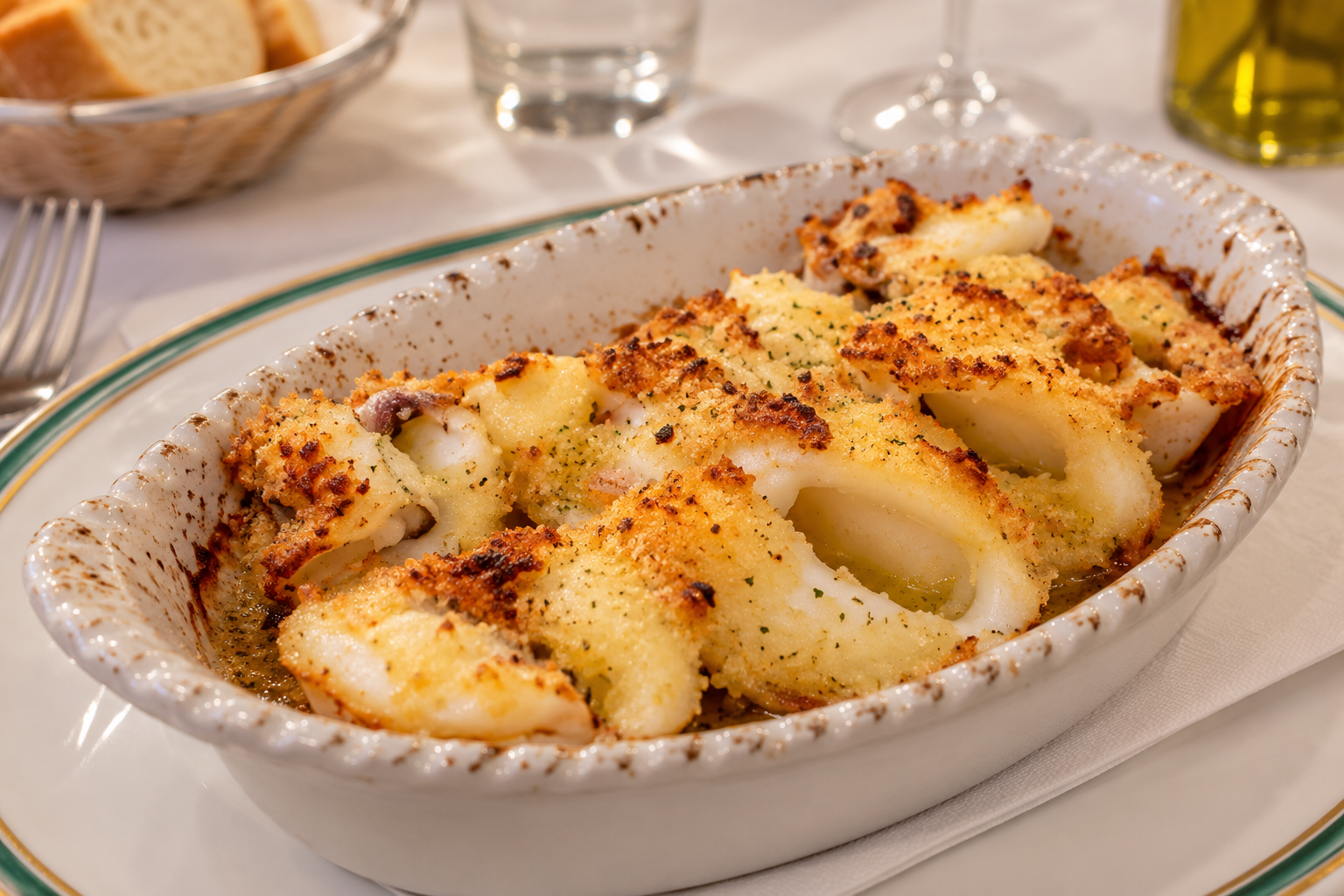 Patate gratinate al forno in una pirofila ovale bianca, ricoperte di formaggio dorato e condimenti.