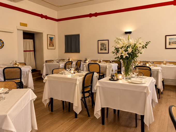 Sala da pranzo con tavoli coperti da tovaglie bianche, sedie e un grande centrotavola floreale.