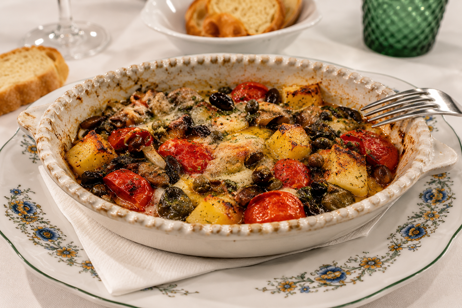 Pasta al forno con pomodori e formaggio fuso in un piatto bianco su un piatto decorato a fantasia
