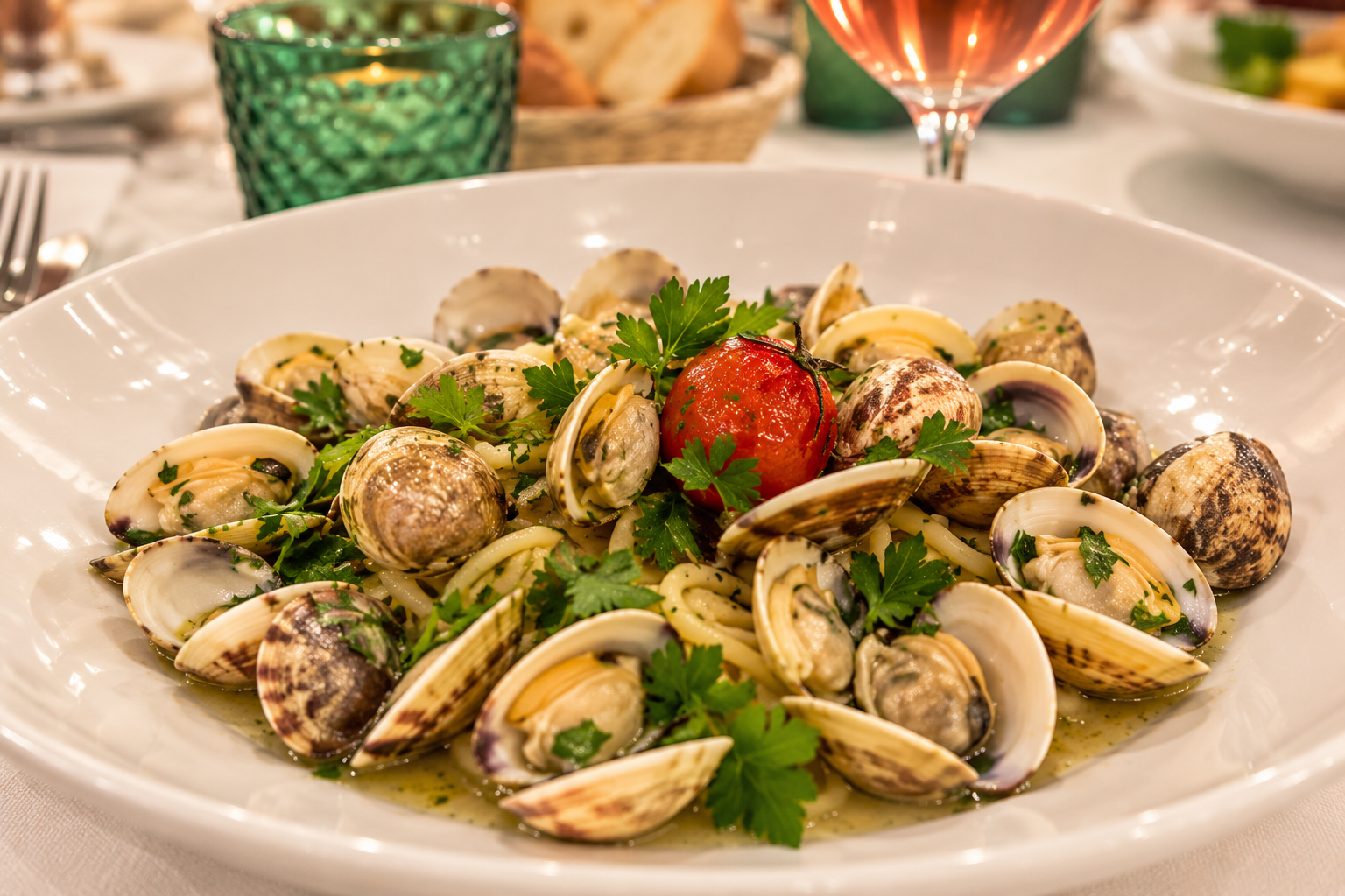 Piatto di pasta alle vongole guarnito con erbe aromatiche e pomodorini, servito al tavolo di un ristorante