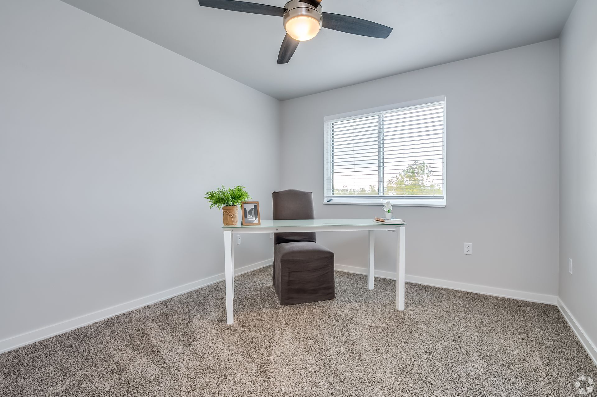 Small home office with white desk, chair, plant, window blinds, and carpeted floor
