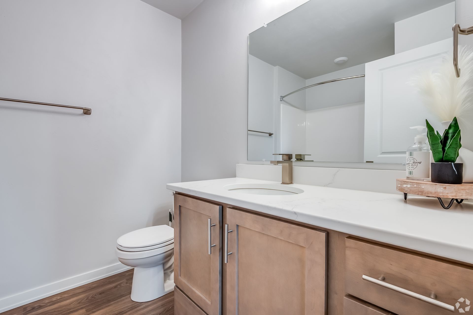 Modern bathroom with wood vanity, white countertop, mirror, toilet, and potted plant on the counter
