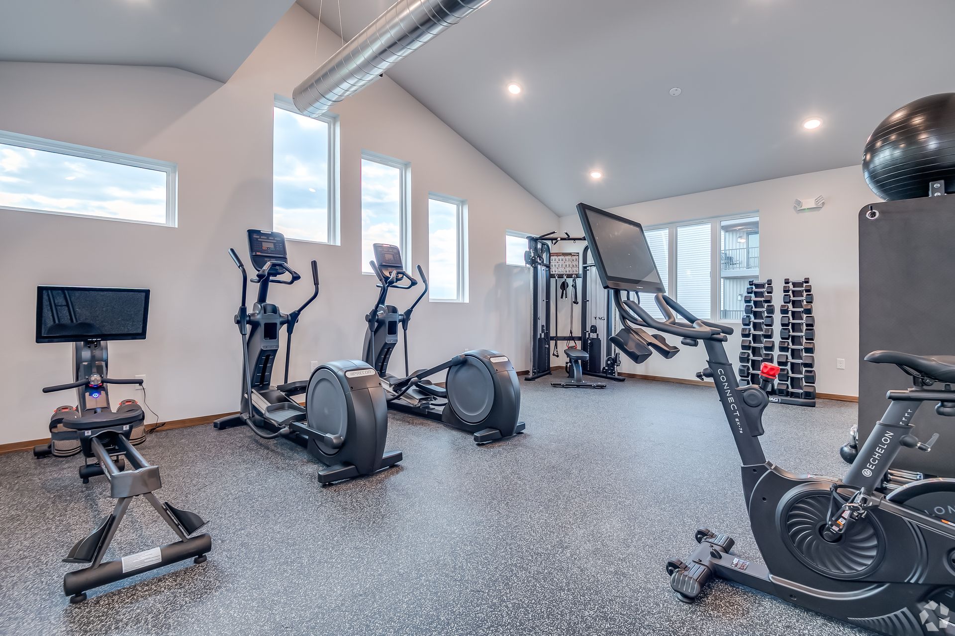 Spacious home gym with cardio machines, weights, and exercise equipment on gray flooring
