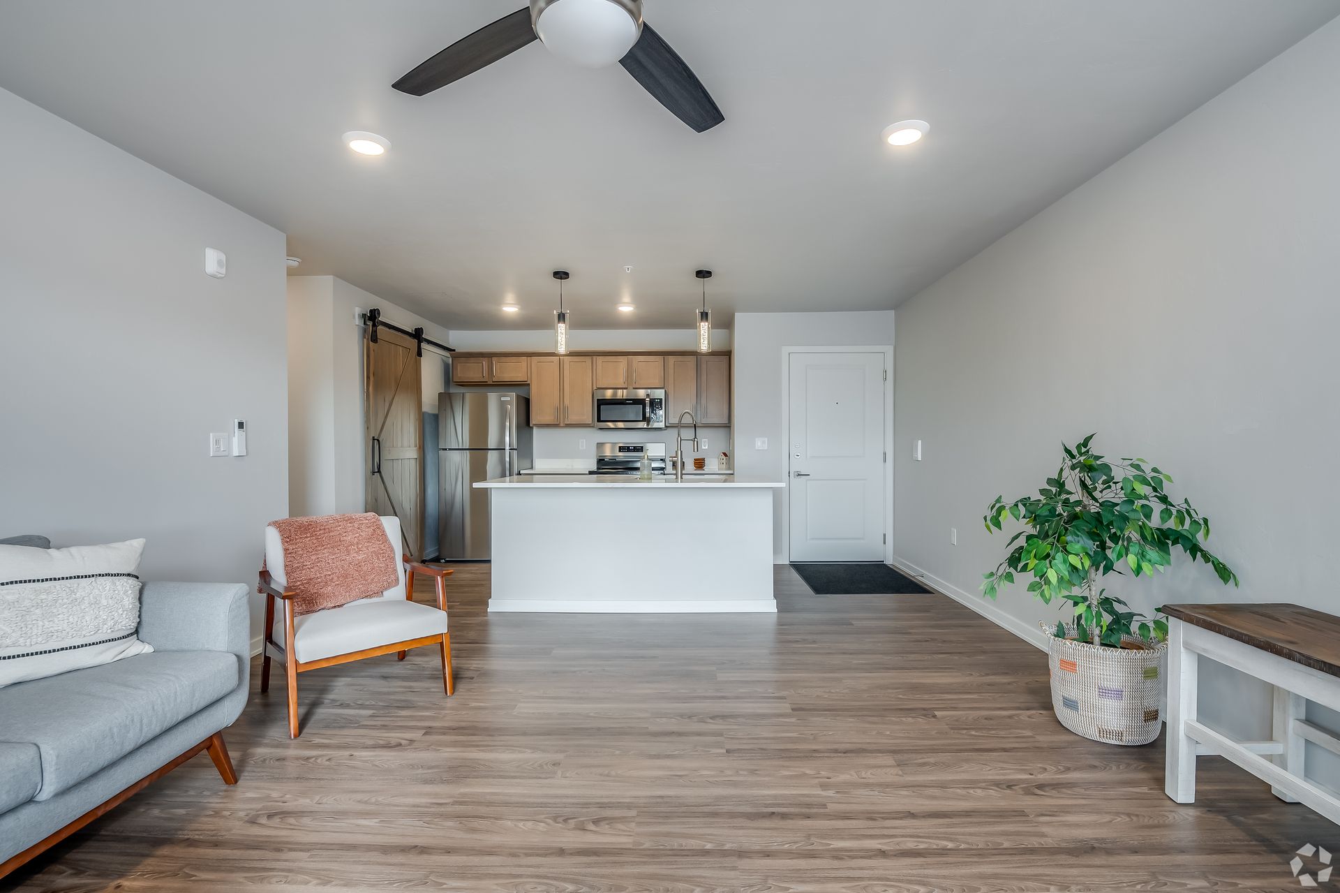 Bright open-concept living room with gray sofa, wood floors, kitchen island, and potted plant.