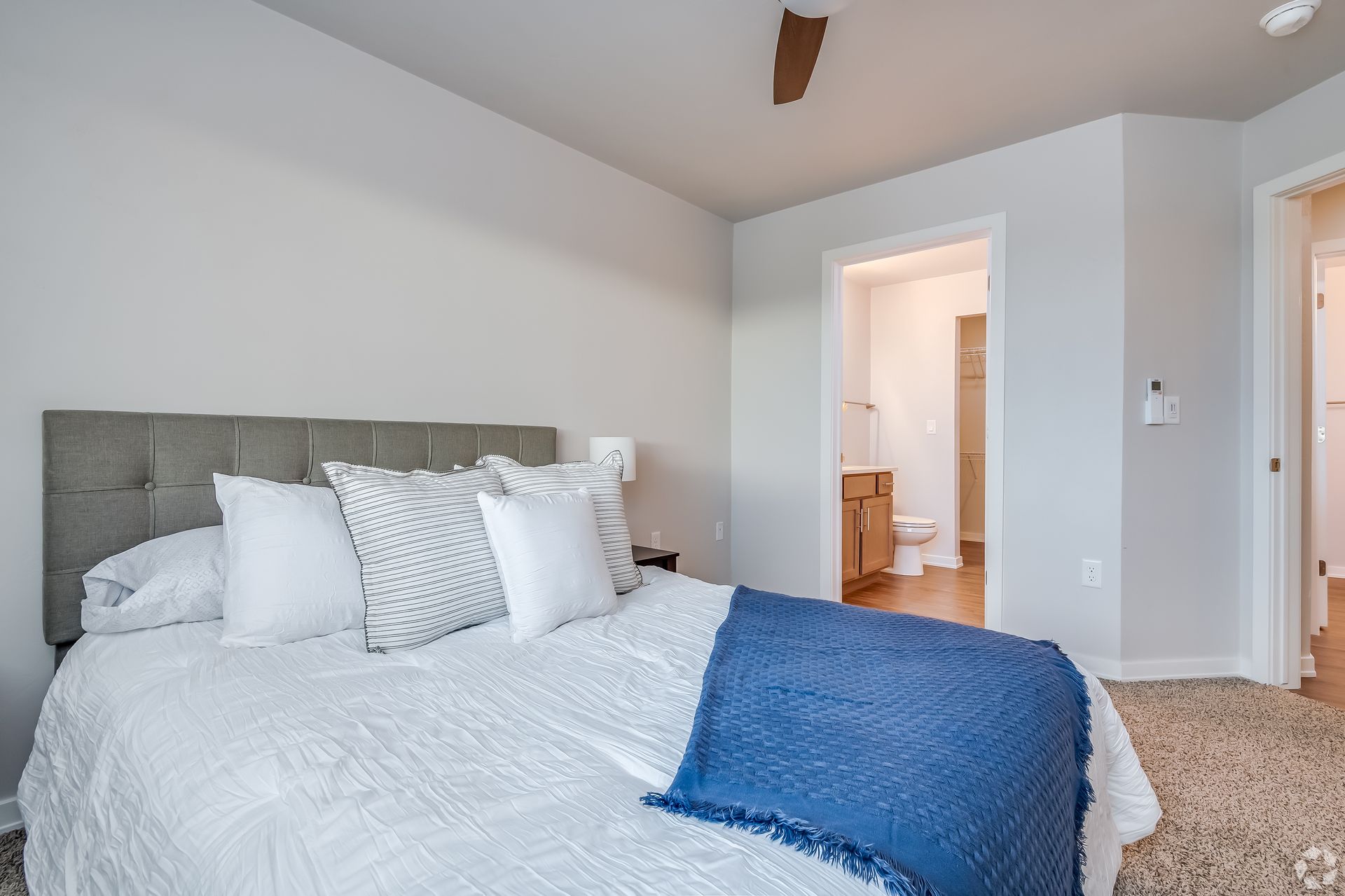 Bright bedroom with a gray upholstered bed, white bedding, and a blue throw near a bathroom doorway.