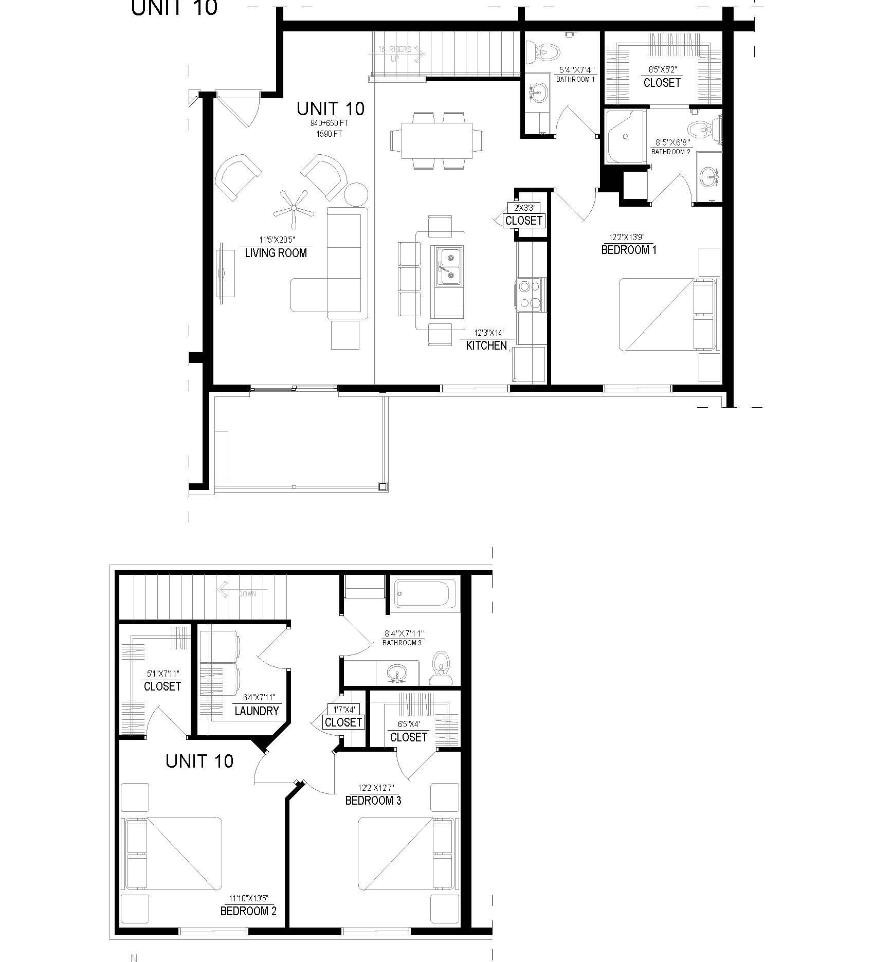 3 bed 3 bath Two black-and-white apartment floor plans stacked vertically, labeled Unit 10 and Unit 12.