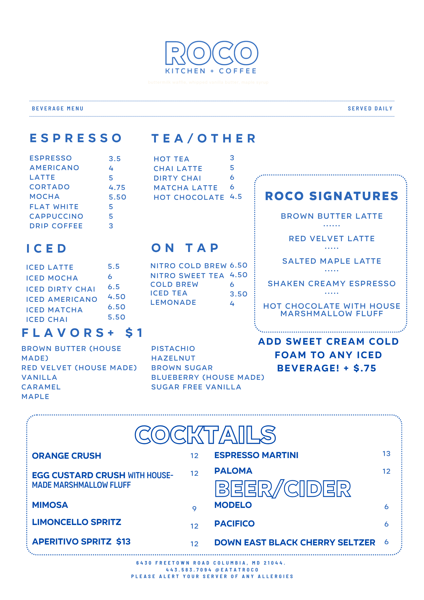 Blue-and-white coffee shop menu board listing espresso, tea, on tap, flavors, and food items