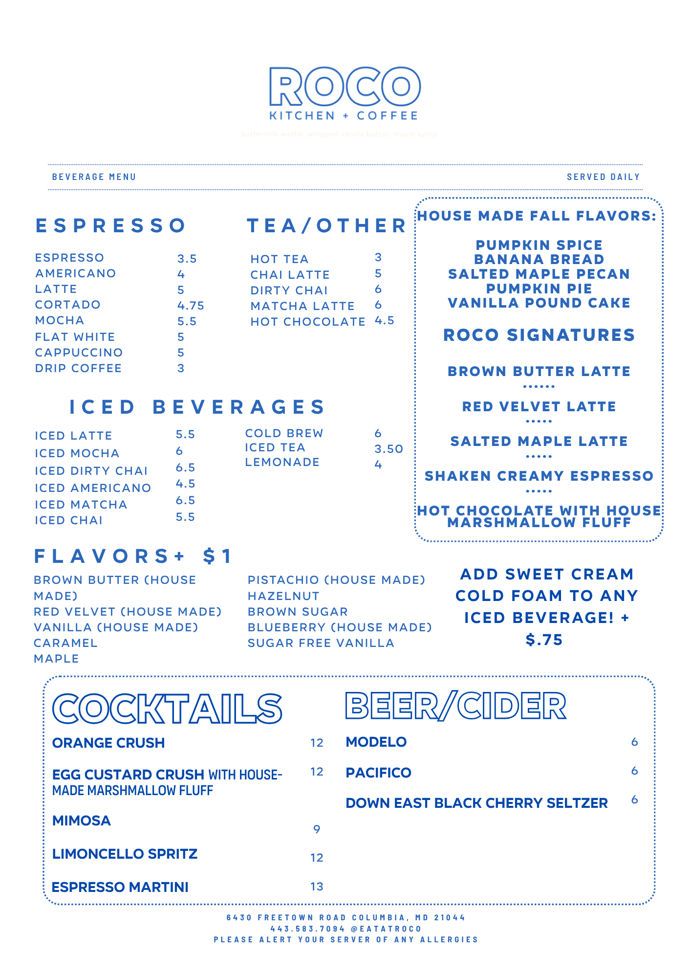 Blue-and-white coffee shop menu board listing espresso, tea, on tap, flavors, and food items