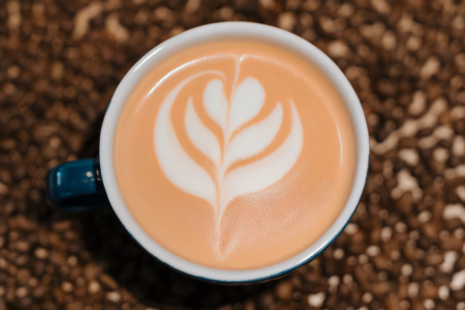 Top-down view of a latte with heart-shaped foam art in a dark blue mug on coffee beans