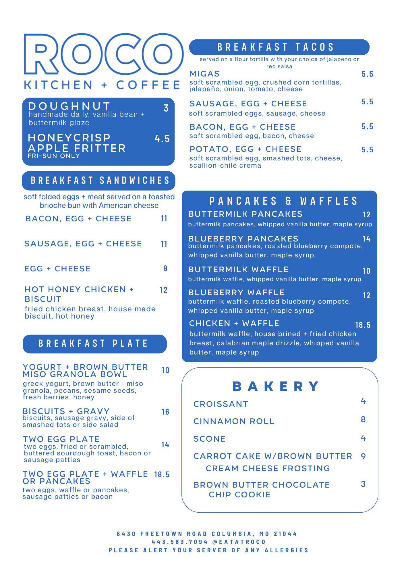 Blue-and-white ROCO Kitchen + Coffee menu with breakfast sandwiches, plates, waffles, and bakery items.