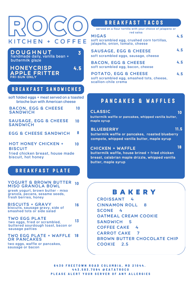 Blue-and-white ROCO Kitchen + Coffee menu with breakfast sandwiches, plates, waffles, and bakery items.