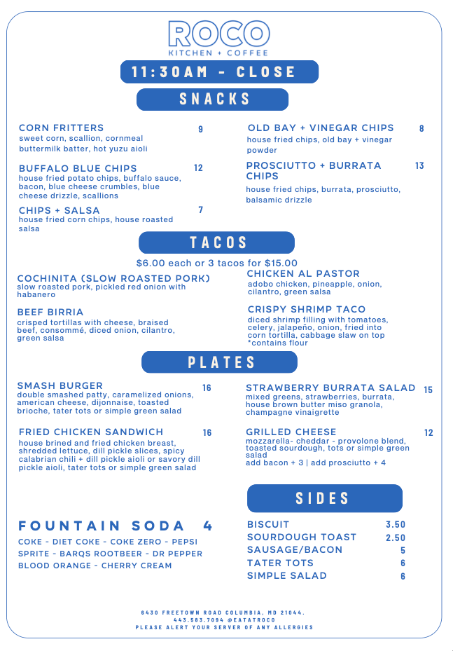 Blue-and-white restaurant menu with sections for snacks, tacos, plates, and sides