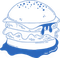 Blue line-art burger icon with dripping sauce and bun details