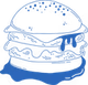 Blue line drawing of a hamburger with sesame bun, cheese, lettuce, and dripping sauce