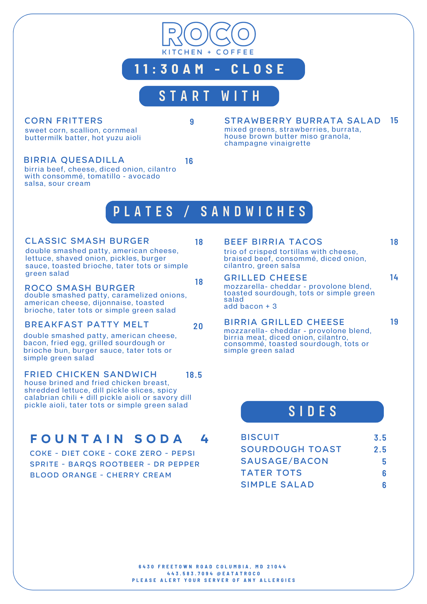 Blue-and-white restaurant menu with sections for snacks, tacos, plates, and sides