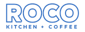 ROCO Kitchen + Coffee logo in blue text on a white background