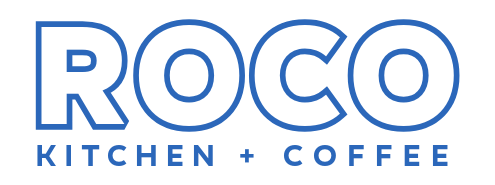 ROCO Kitchen + Coffee logo in blue text on a white background