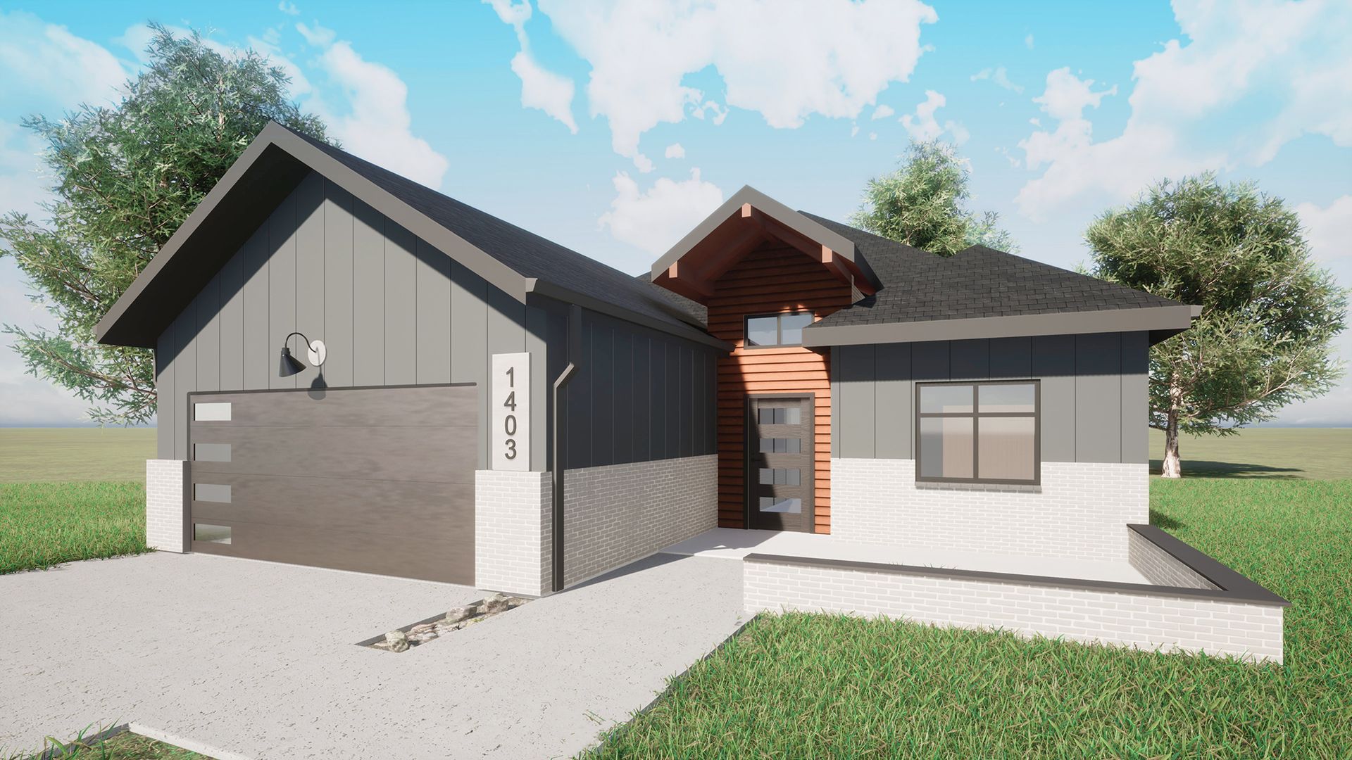 A rendering of a house with a garage and a driveway.
