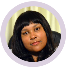 a woman with black hair is in a purple circle