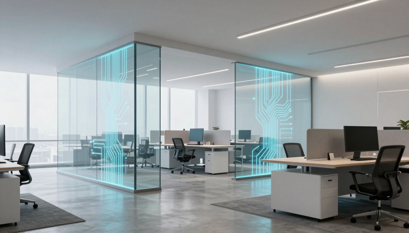 Bureau moderne à aire ouverte avec salles de réunion vitrées et rangées de bureaux dans un espace de travail lumineux et minimaliste