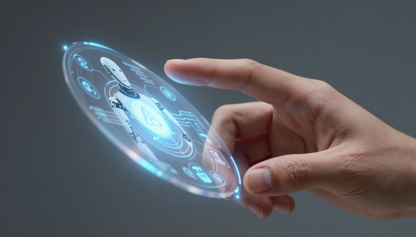 Main touchant une interface holographique bleue lumineuse sur fond gris