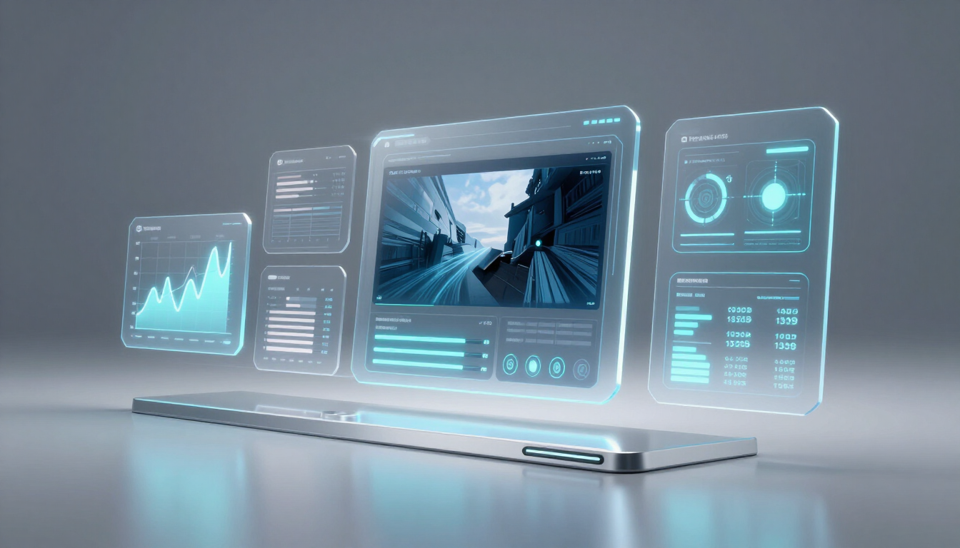 Tableau de bord futuriste transparent avec graphiques bleus lumineux et écran vidéo central sur un bureau élégant