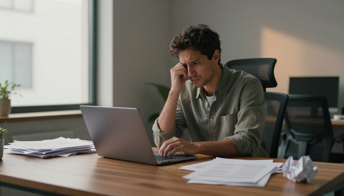 Une personne fatiguée, assise à un bureau avec un ordinateur portable, des papiers et une boîte de mouchoirs, la tête appuyée sur sa main.