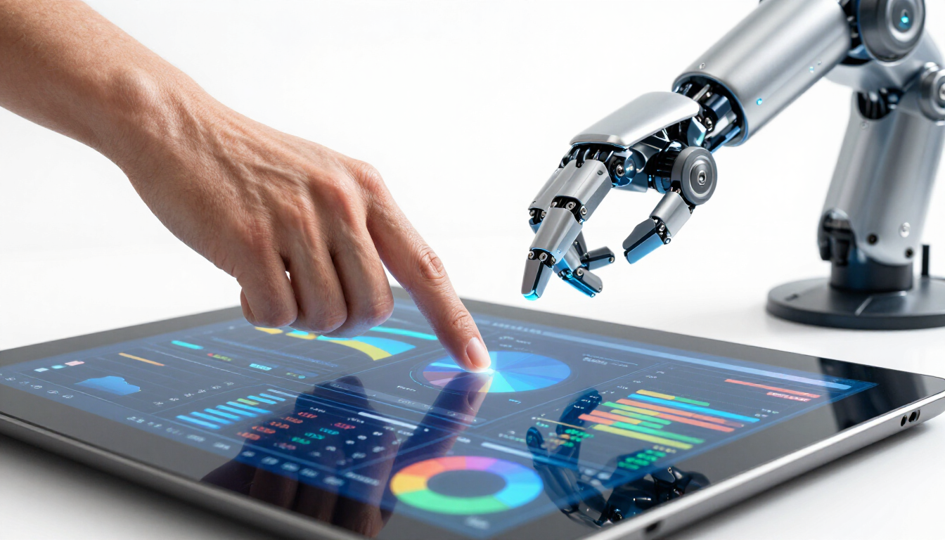 Une main humaine tapote l'interface futuriste d'une tablette à côté d'un bras robotisé sur fond blanc.