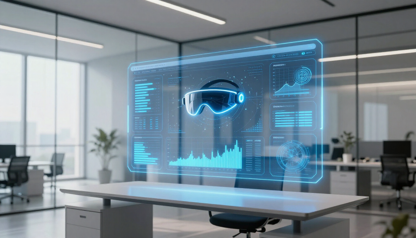 Bureau moderne en verre avec un écran de réalité virtuelle holographique au-dessus d'une table de conférence