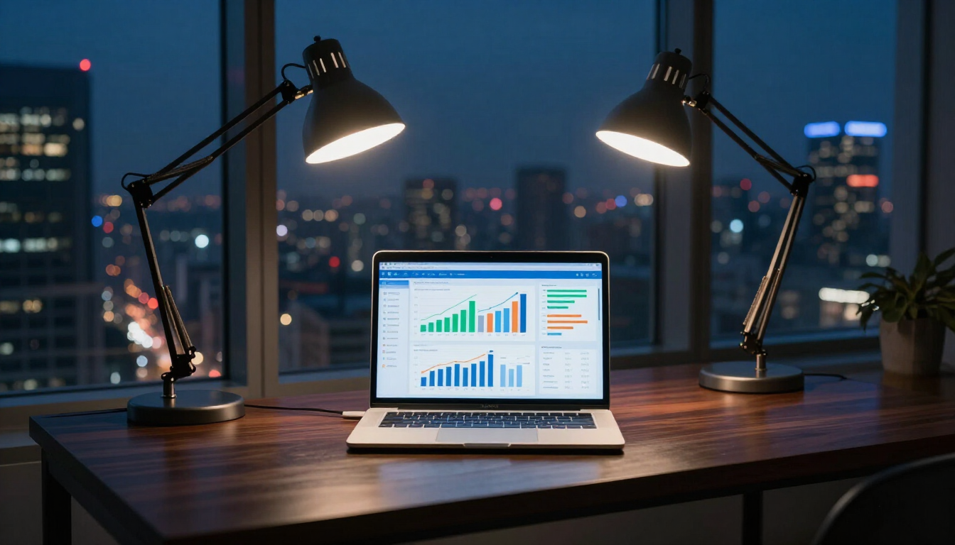 Un ordinateur portable avec des graphiques d'analyse posé sur un bureau entre deux lampes allumées, donnant sur la silhouette d'une ville la nuit.