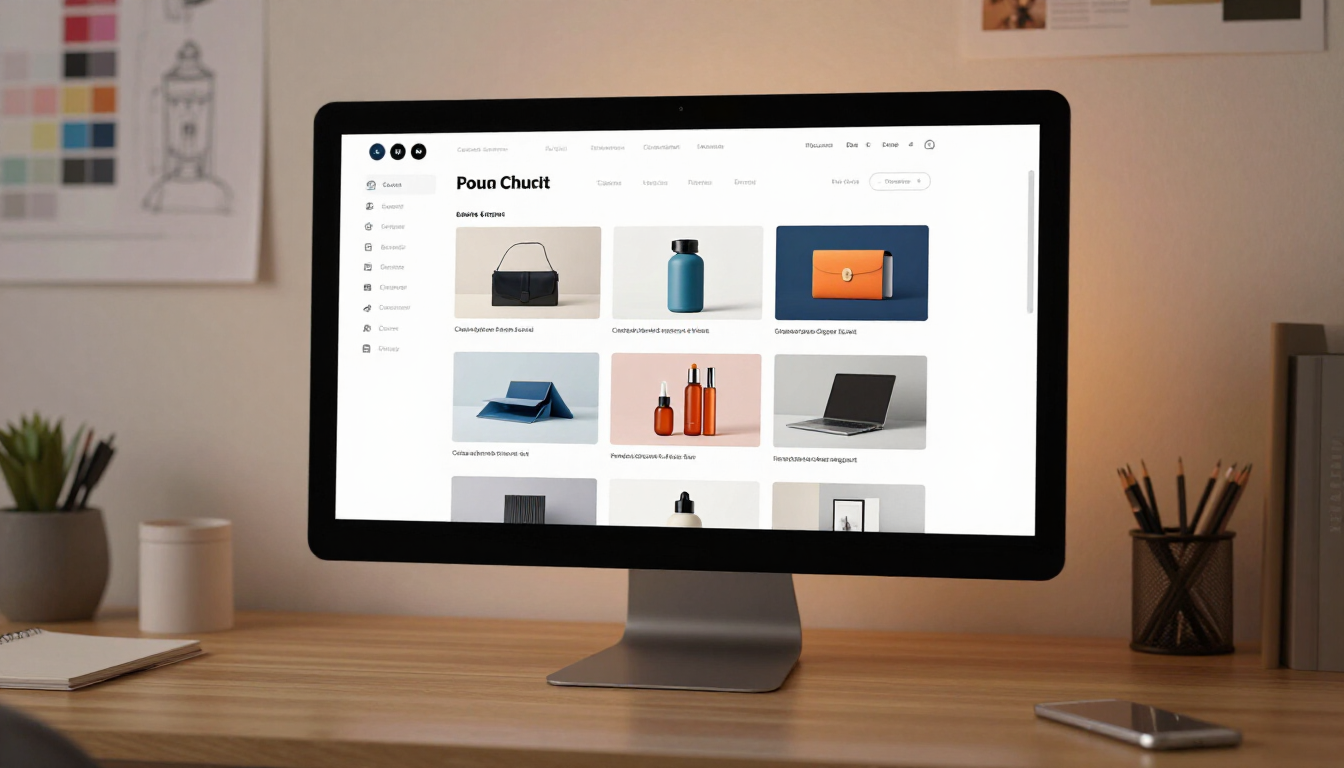 Écran d'ordinateur affichant un site web de commerce électronique avec des vignettes de produits sur un bureau en bois