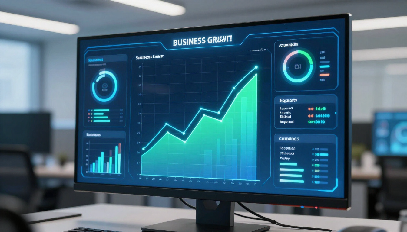 Écran d'ordinateur affichant un tableau de bord d'analyse commerciale bleu avec des graphiques et un graphique de croissance à la hausse
