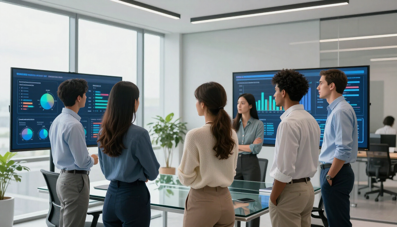 Réunion d'équipe dans un bureau lumineux, les participants regardant de grands écrans de présentation et discutant des données.