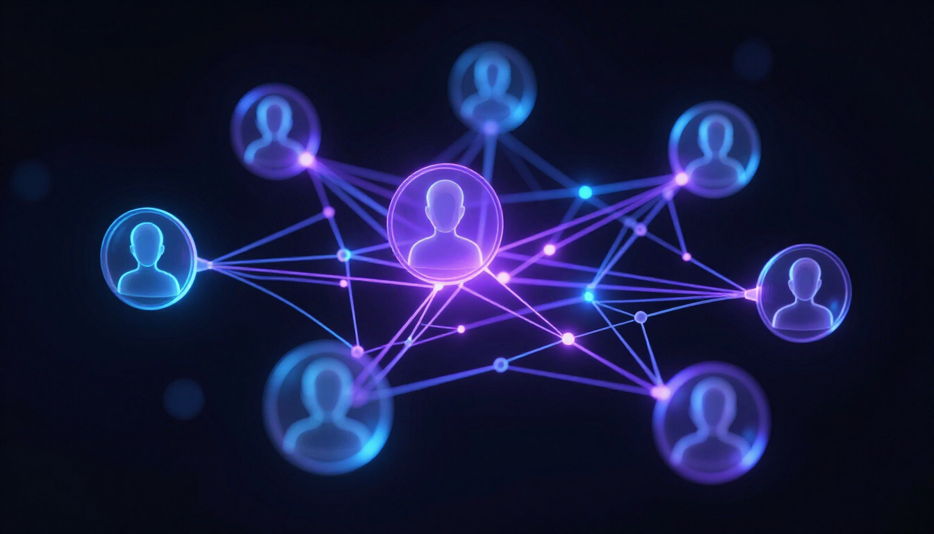 Réseau lumineux d'icônes de profils interconnectées sur un fond bleu foncé