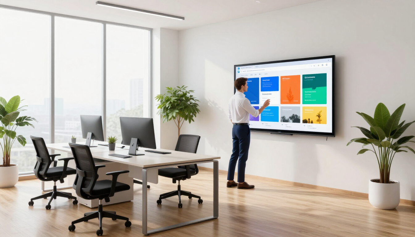 Salle de réunion moderne avec un homme présentant un tableau de bord coloré sur un écran mural