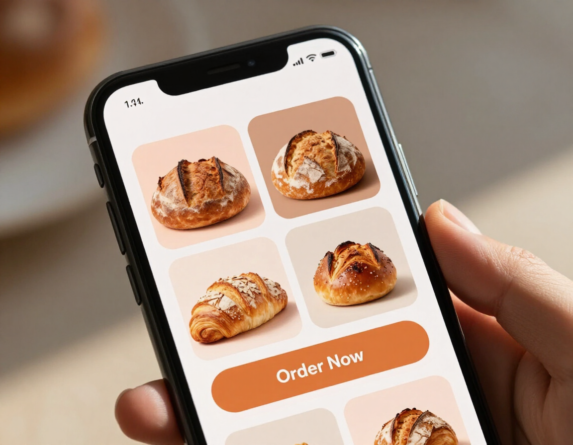Téléphone affichant le menu des pâtisseries avec un bouton orange « Commander maintenant », tenu dans la main