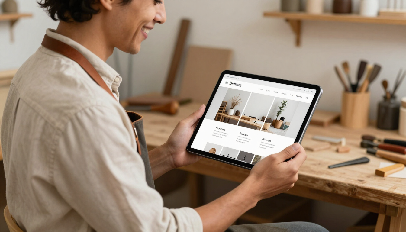Une personne utilise une tablette à un bureau en bois dans un bureau à domicile lumineux, avec des outils de dessin en arrière-plan.
